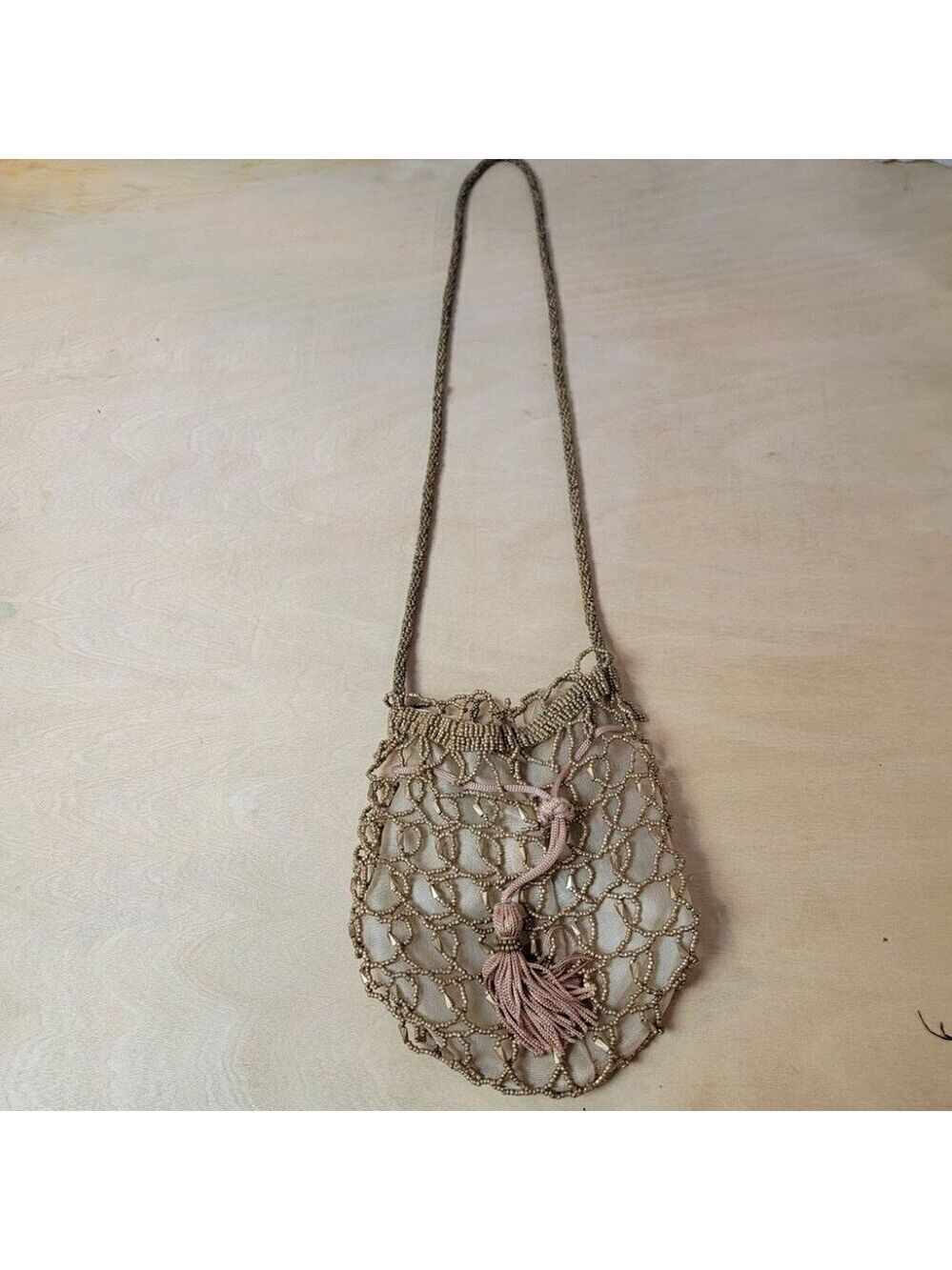 1990s Gold Beaded Crochet Pouch Crossbody Bag - Super Cute - Picture 9 of 12